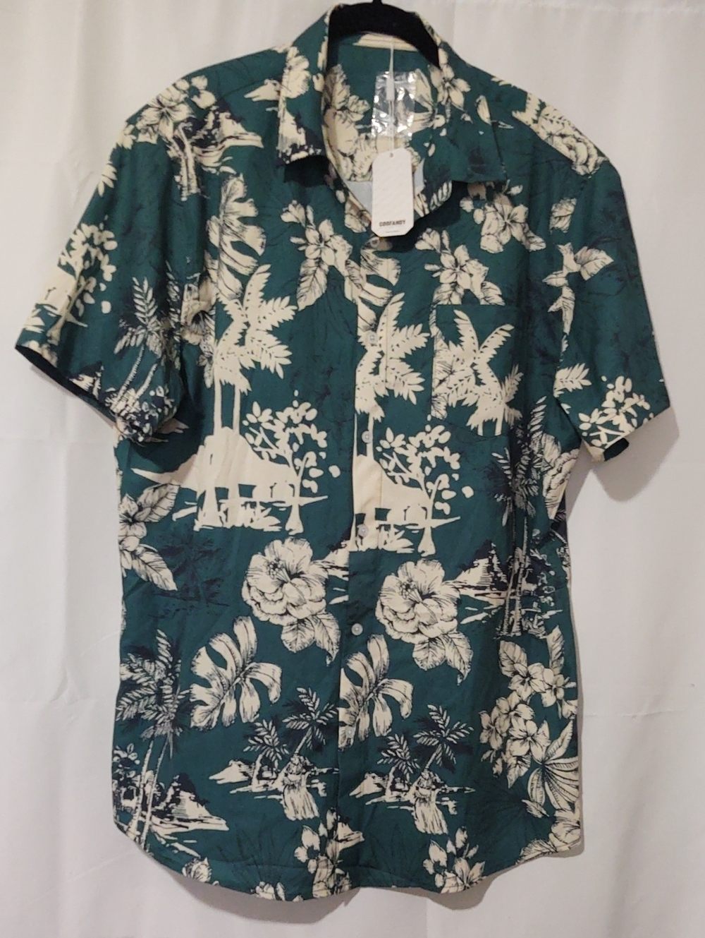 Coofandy Men’s Teal Tropical Print Short-Sleeve Shirt SZ L